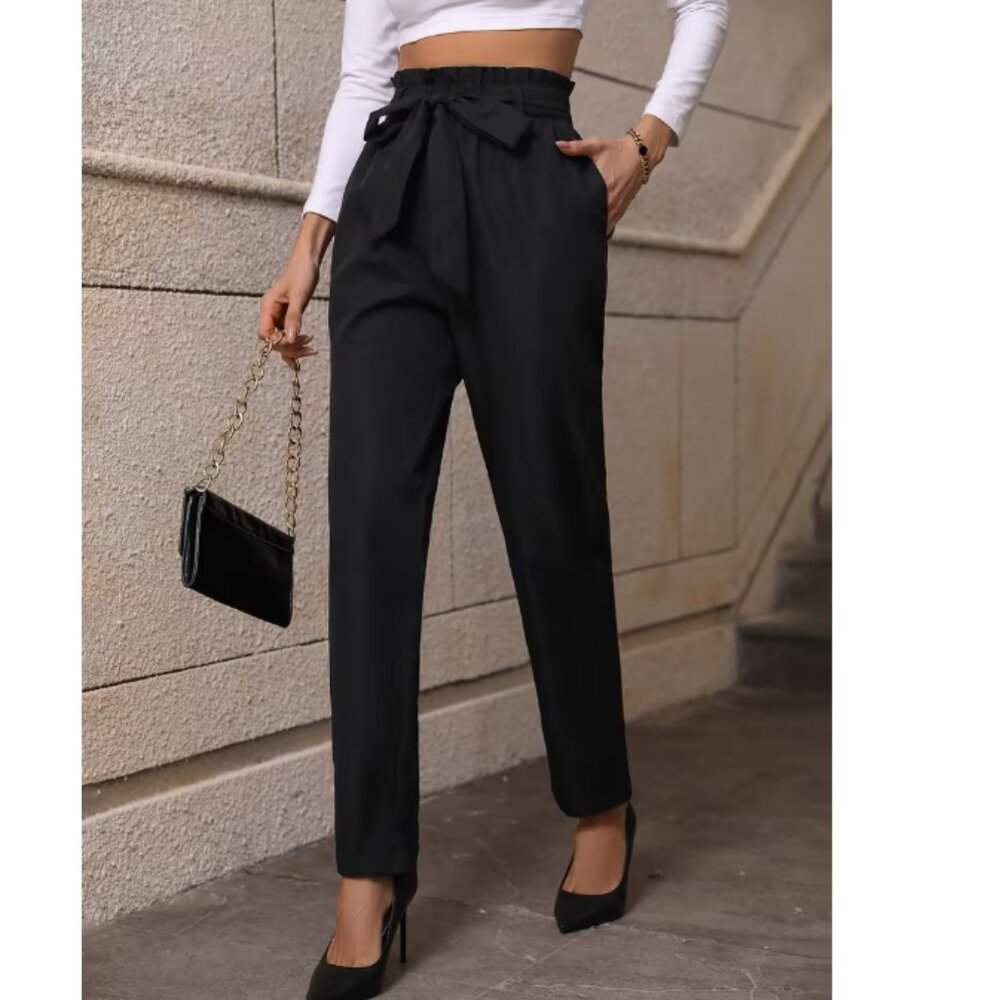 Brandy Blu Slim Fit Black Casual Pants with Tie Front Detail and Pockets Size S